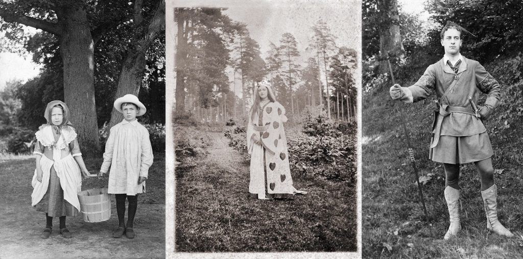 3 photographs from 1934 shoiwng costumes that were worn