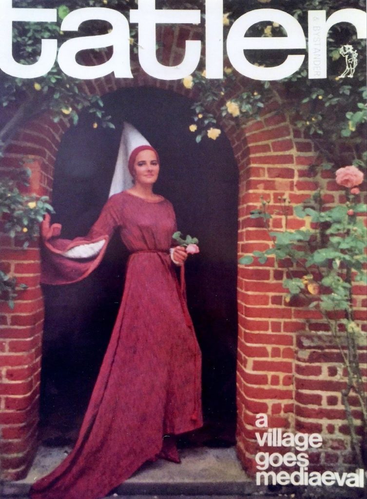 The front cover of the magazine Tatler with a lady in medieval costume and pointy hat